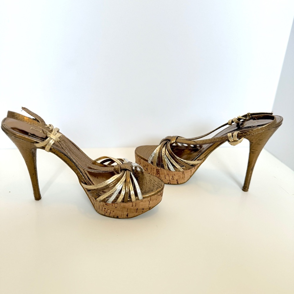BCBG Gold Strappy Cork Platform Heels, Size 7